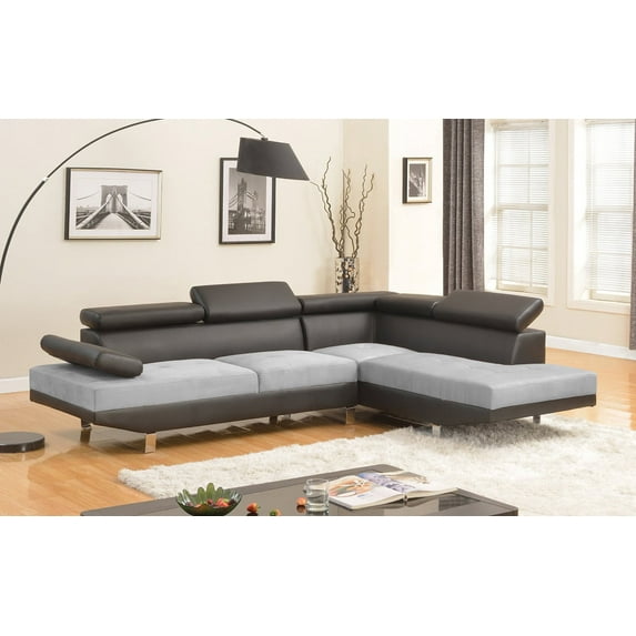 Modern Contemporary Faux Leather, Mircrofiber Sectional Sofa, Black/Grey