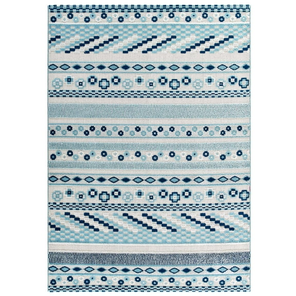 Modern Contemporary Living Lounge Room, Indoor and Outdoor Area Rug Runner Floor Carpet, Distressed Vintage Style, Fabric, Blue Ivory White