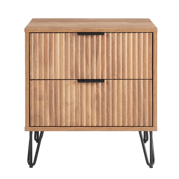 Modern Contemporary Nightstand with Two Ribbed Full Extension Drawers, Gold Splayed Metal Legs MDF Side Table