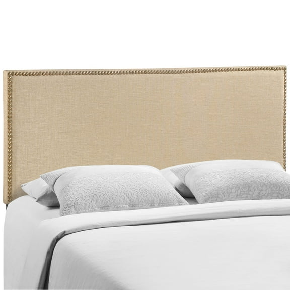 Modern Contemporary Queen Size Nailhead Upholstered Headboard, Beige Fabric