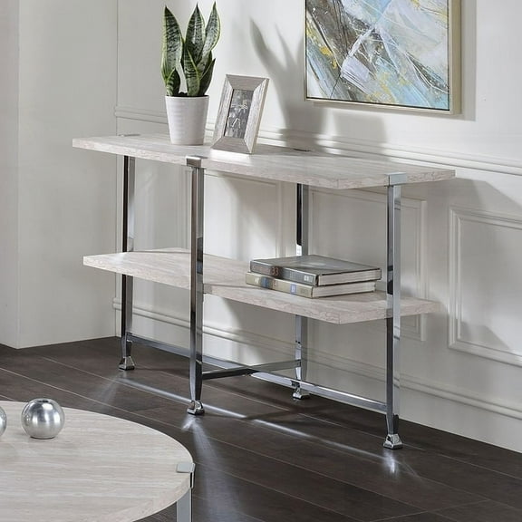 Modern Contemporary Sofa Table with White Oak Top & Chrome Frame