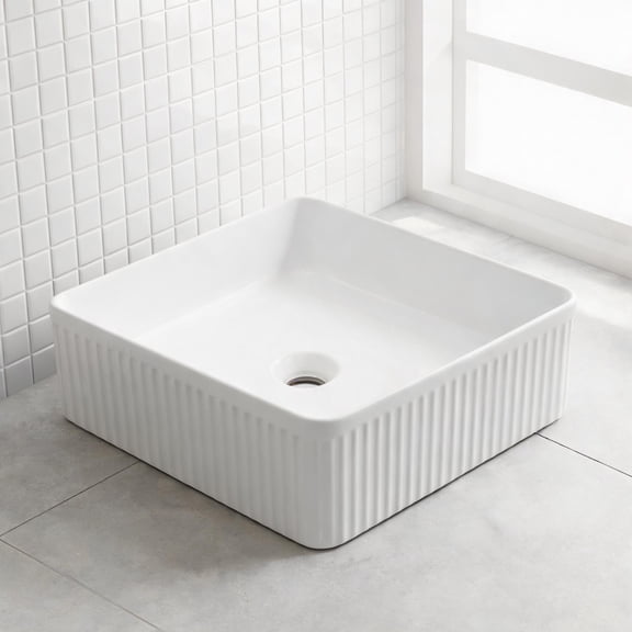 Modern Contemporary Square Bathroom Vessel Sink 15.69 Inch Above-Counter Installation White-Toned Ceramic