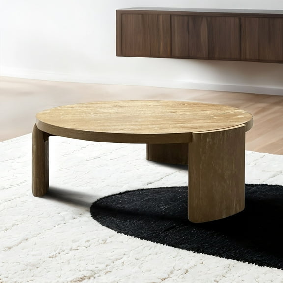 Modern Contemporary Style 1pc Round Coffee Table Panel Base Rubberwood Oak Finish