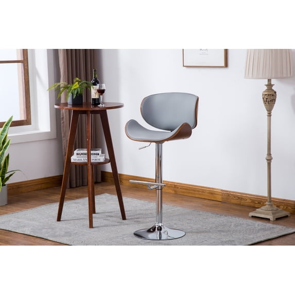 Modern Contemporary Swivel Walnut Bentwood Lift Adjustable Height Bar Stool with Curved Seat and Back (Gray) main image 0