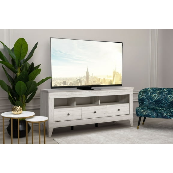 Modern Contemporary TV Stand Console for up to 70 Inch TV with Tree Drawers and Three Storage Compartments for Living Room Entertainment Center in Alaska White
