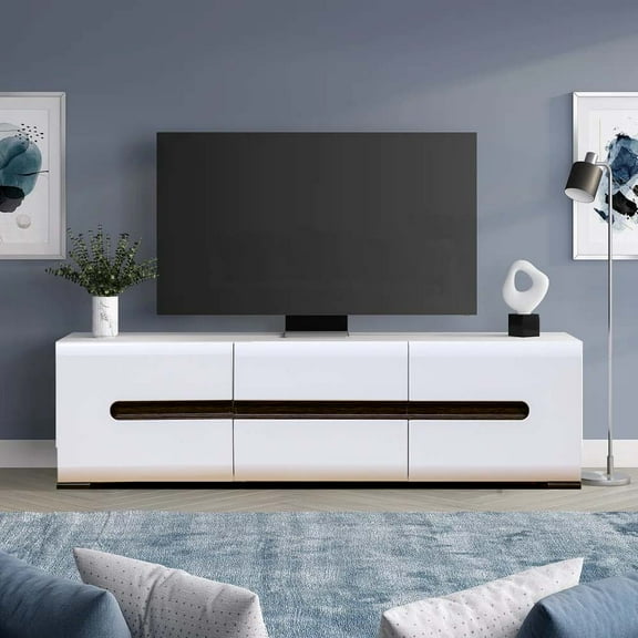Modern Contemporary TV Stand Console and Entertainment Center for TVs up to 70 with Ample Storage Space and Unique Door Opening System for Living Room or Bedroom in White