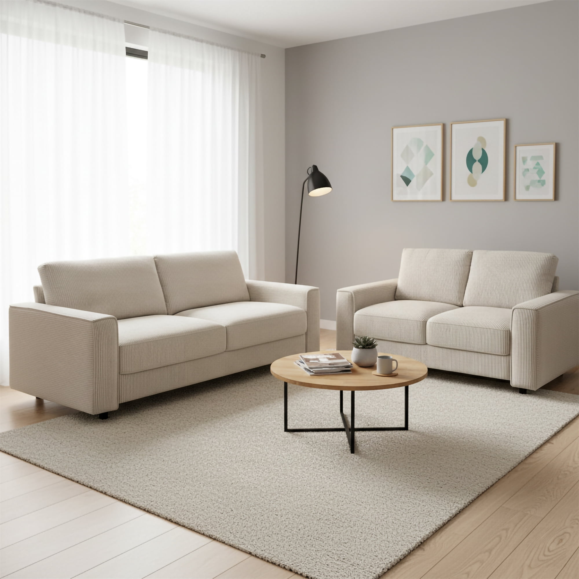 Modern Contemporary Upholstered 2-Piece Corduroy Plush Tufted Sofa Set, Beige