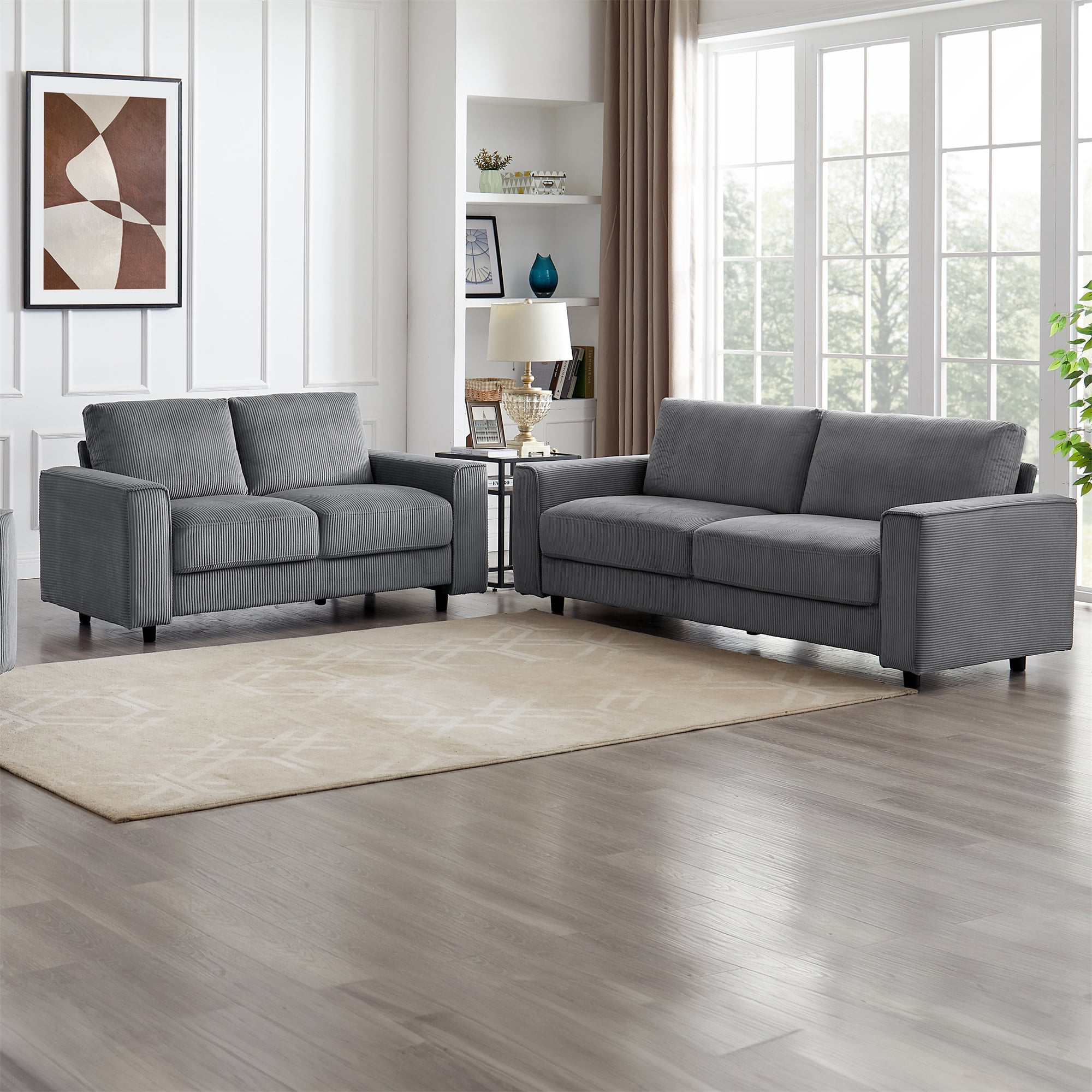 Modern Contemporary Upholstered 2-Piece Corduroy Plush Tufted Sofa Set, Grey
