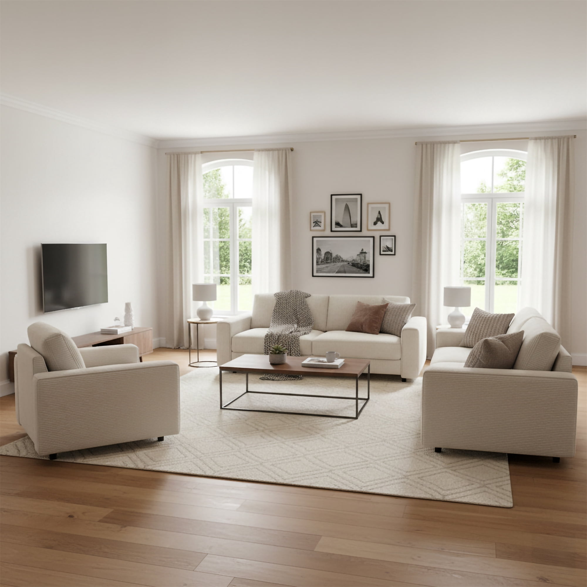 Modern Contemporary Upholstered 3-Piece Corduroy Plush Tufted Sofa Set, Beige