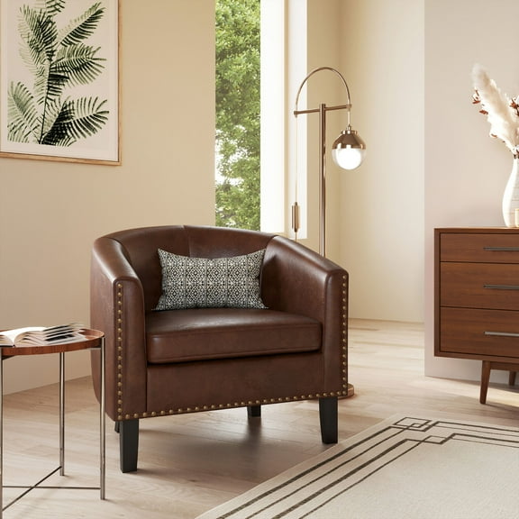 Modern Contemporary Upholstered Barrel Tub Club Accent Chair, Brown