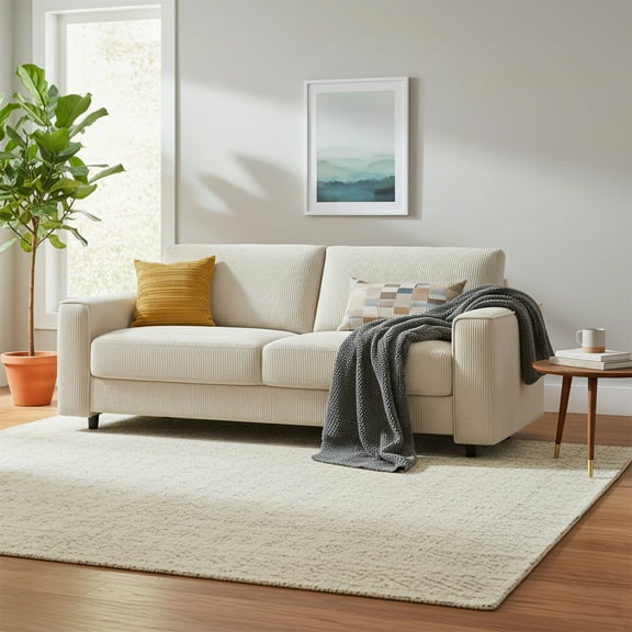 Modern Contemporary Upholstered Corduroy Plush Tufted Sofa, Beige