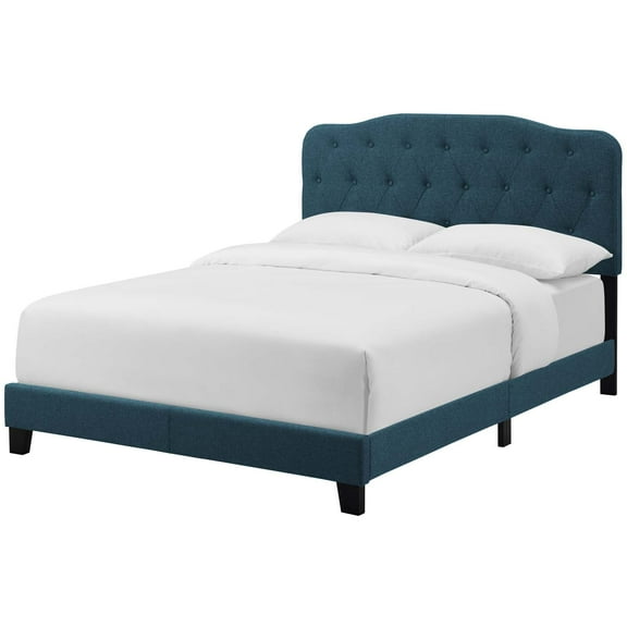 Modern Contemporary Urban Design Bedroom Full Size Platform Bed Frame, Fabric, Navy Blue, Box Spring Required
