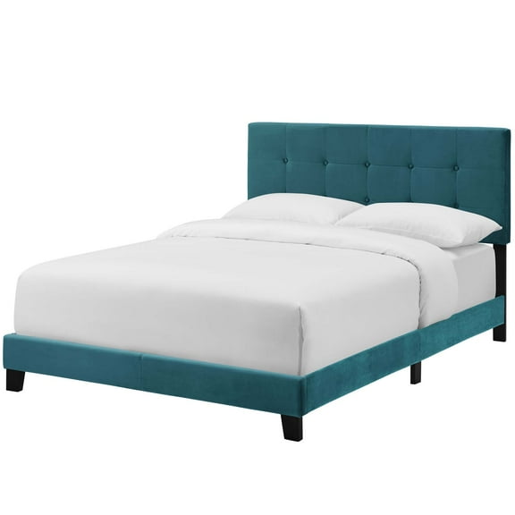Modern Contemporary Urban Design Bedroom Full Size Platform Bed Frame, Velvet Fabric, Blue