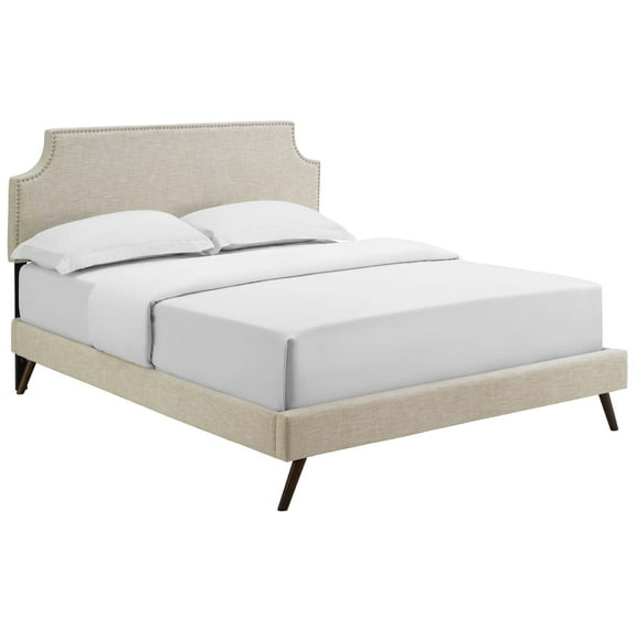 Modern Contemporary Urban Design Bedroom Queen Size Platform Bed Frame, Fabric Copper Nail Rivet, Beige