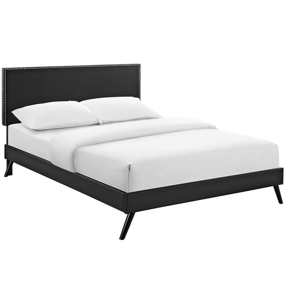 Modern Contemporary Urban Design Bedroom Queen Size Platform Bed Frame, Faux Vinyl Leather, Black