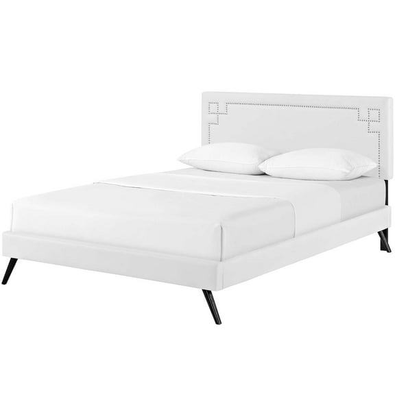Modern Contemporary Urban Design Bedroom Queen Size Platform Bed Frame, Faux Vinyl Leather, White