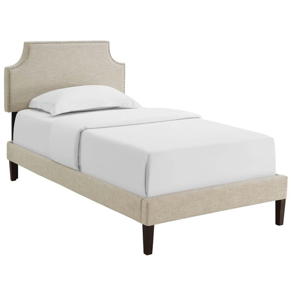 Modern Contemporary Urban Design Bedroom Twin Size Platform Bed Frame, Fabric Copper Nail Rivet, Beige