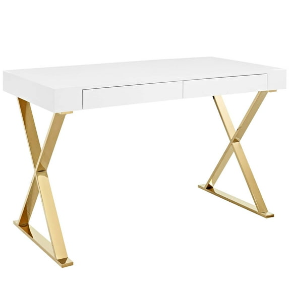 Modern Contemporary Urban Design Home Business Office Furniture Work Desk, Wood Metal Steel, White Gold