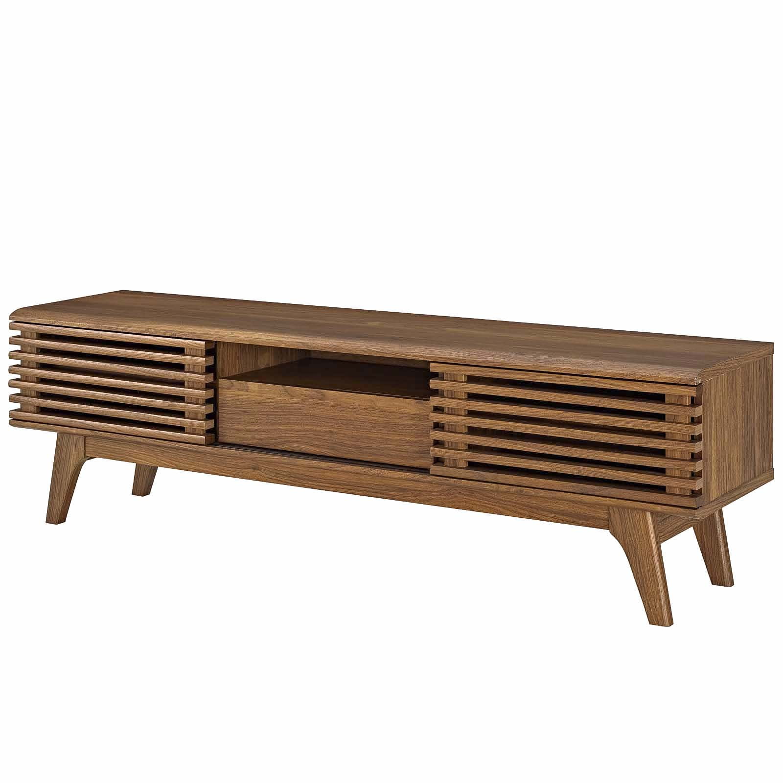 Walnut Grain 58'' Mid-Century Modern TV Stand with Sliding Doors