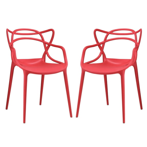 Modern Contemporary Urban Design Outdoor Kitchen Room Dining Chair Set ( Set of Two), Red, Plastic