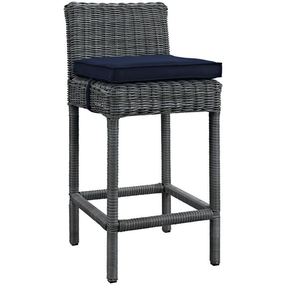 Modern Contemporary Urban Design Outdoor Patio Balcony Bar Stool Chair, Navy Blue, Rattan