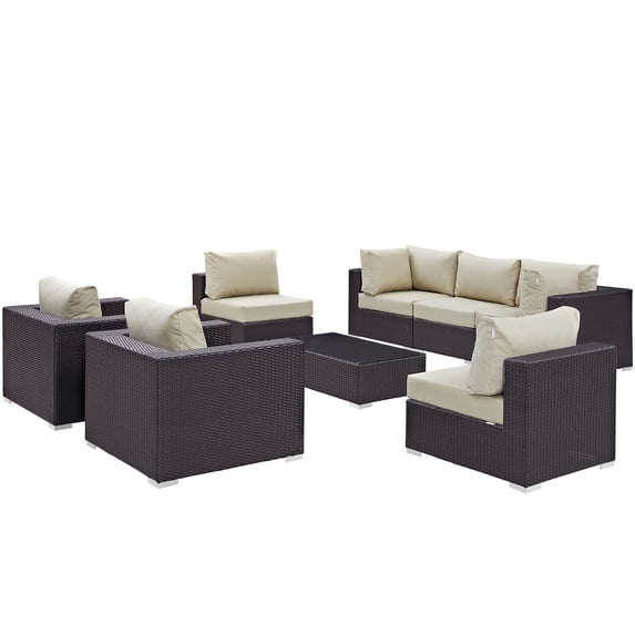 Modern Contemporary Urban Design Outdoor Patio Balcony Eight PCS Sectional Sofa Set, Beige, Rattan