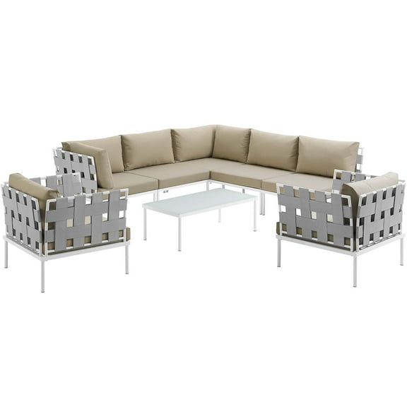 Modern Contemporary Urban Design Outdoor Patio Balcony Eight PCS Sectional Sofa Set, Beige White, Rattan