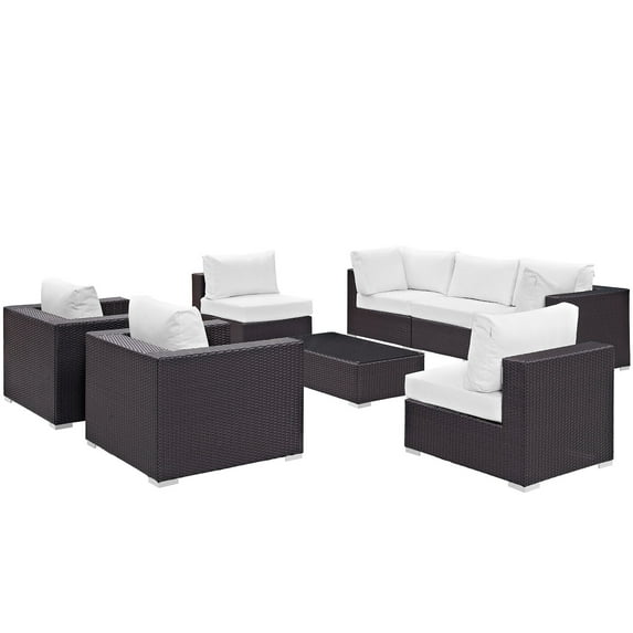 Modern Contemporary Urban Design Outdoor Patio Balcony Eight PCS Sectional Sofa Set, White, Rattan