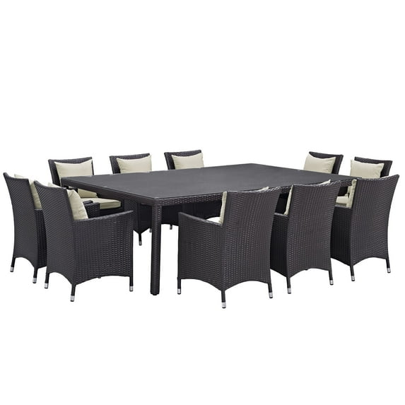 Modern Contemporary Urban Design Outdoor Patio Balcony Eleven PCS Dining Chairs and Table Set, Beige, Rattan