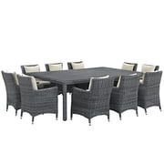 Modern Contemporary Urban Design Outdoor Patio Balcony Eleven PCS Dining Chairs and Table Set, Beige, Rattan