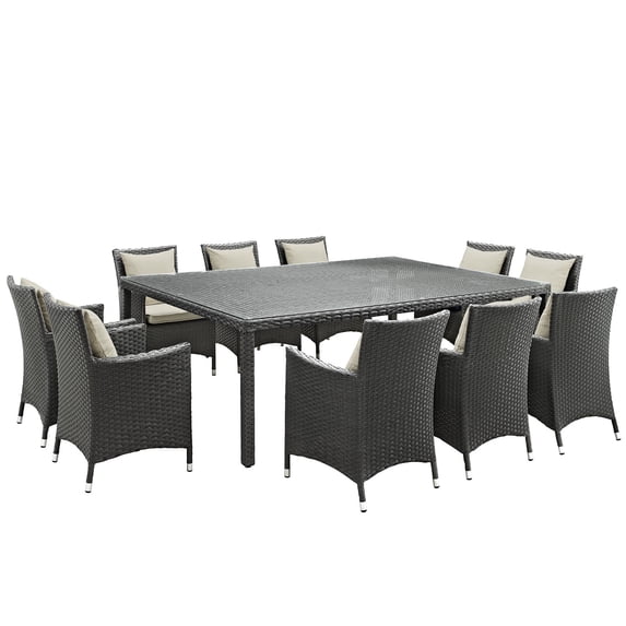 Modern Contemporary Urban Design Outdoor Patio Balcony Eleven PCS Dining Chairs and Table Set, Beige, Rattan