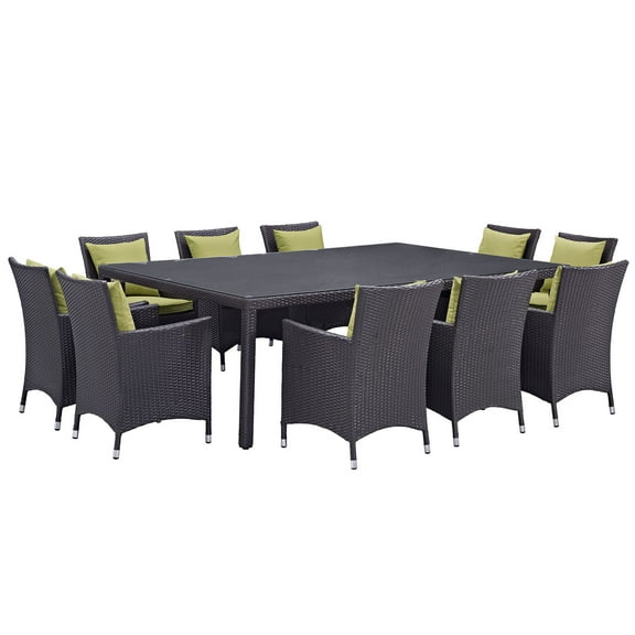 Modern Contemporary Urban Design Outdoor Patio Balcony Eleven PCS Dining Chairs and Table Set, Green, Rattan