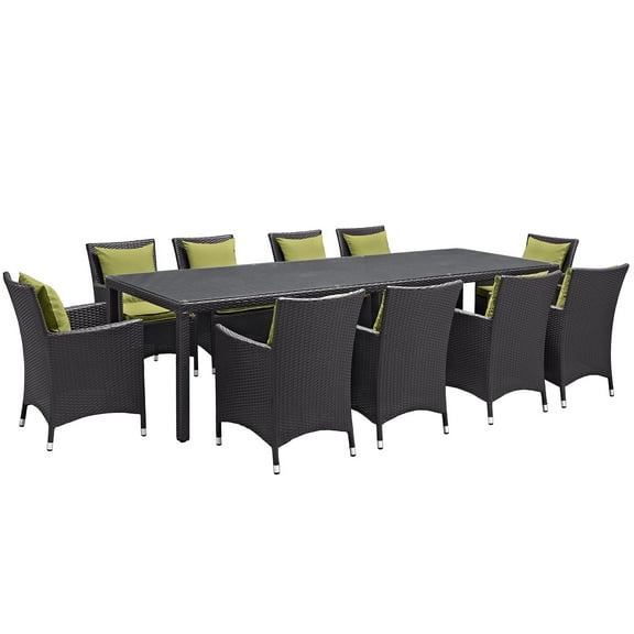 Modern Contemporary Urban Design Outdoor Patio Balcony Eleven PCS Dining Chairs and Table Set, Green, Rattan