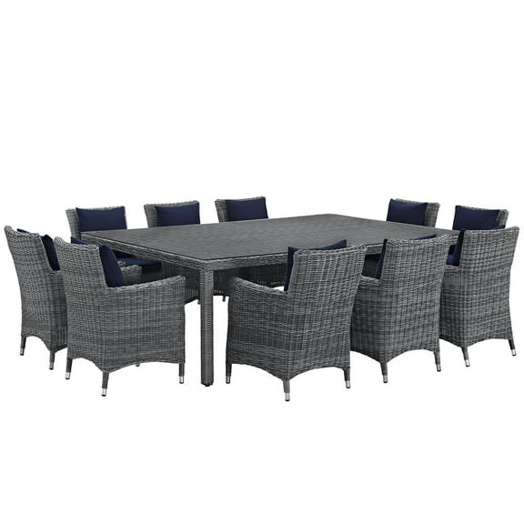 Modern Contemporary Urban Design Outdoor Patio Balcony Eleven PCS Dining Chairs and Table Set, Navy Blue, Rattan