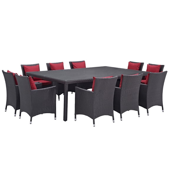 Modern Contemporary Urban Design Outdoor Patio Balcony Eleven PCS Dining Chairs and Table Set, Red, Rattan