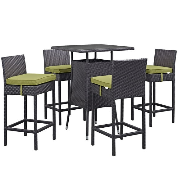 Modern Contemporary Urban Design Outdoor Patio Balcony Five PCS Pub Bar Chairs and Table Set, Green, Rattan
