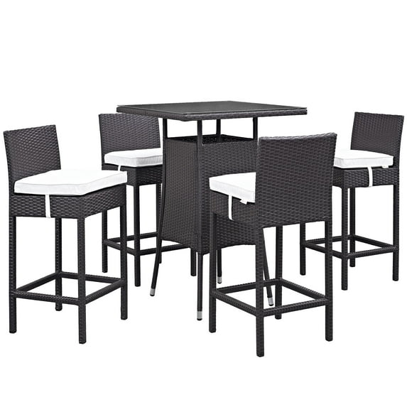 Modern Contemporary Urban Design Outdoor Patio Balcony Five PCS Pub Bar Chairs and Table Set, White, Rattan