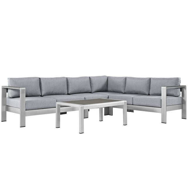 Modern Contemporary Urban Design Outdoor Patio Balcony Five PCS Sectional Sofa Set, Grey Gray, Aluminum