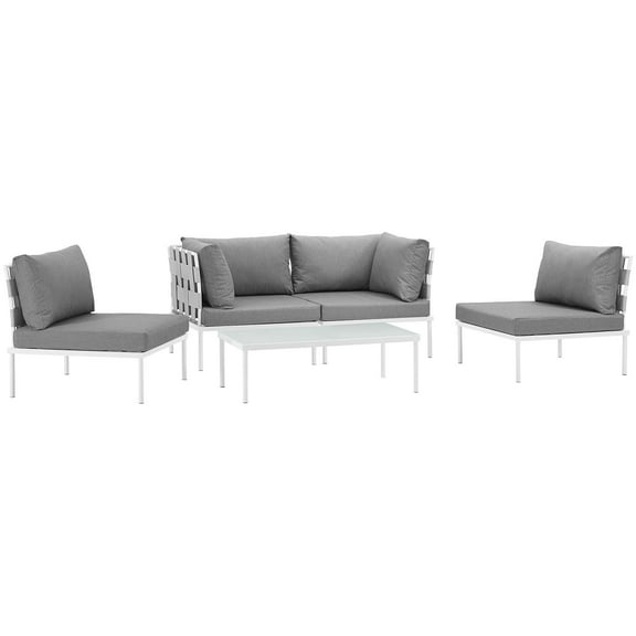 Modern Contemporary Urban Design Outdoor Patio Balcony Five PCS Sectional Sofa Set, Grey White Gray, Rattan