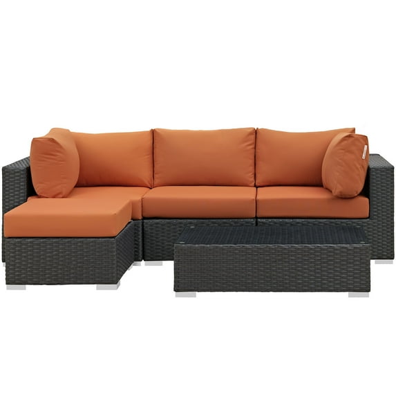 Modern Contemporary Urban Design Outdoor Patio Balcony Five PCS Sectional Sofa Set, Orange, Rattan