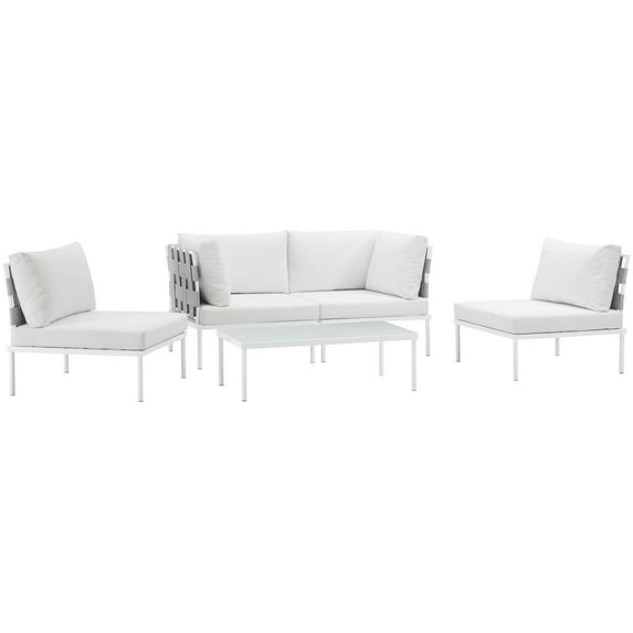 Modern Contemporary Urban Design Outdoor Patio Balcony Five PCS Sectional Sofa Set, White, Rattan