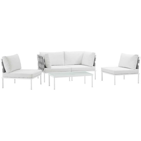 Modern Contemporary Urban Design Outdoor Patio Balcony Five PCS Sectional Sofa Set, White, Rattan