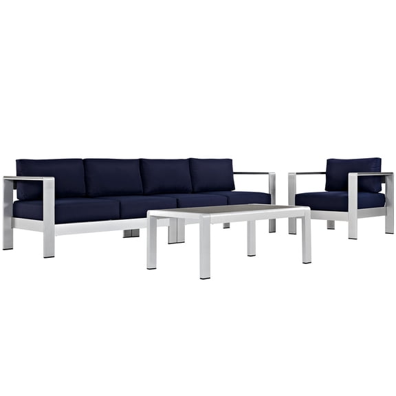 Modern Contemporary Urban Design Outdoor Patio Balcony Four PCS Sectional Sofa Set, Navy Blue, Aluminum