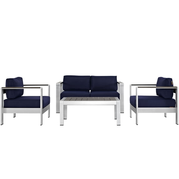 Modern Contemporary Urban Design Outdoor Patio Balcony Four PCS Sectional Sofa Set, Navy Blue, Aluminum