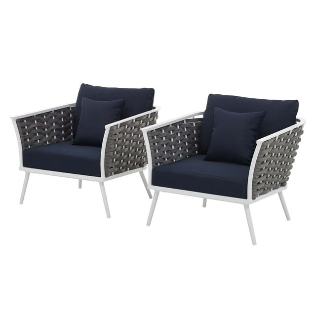 Modern Contemporary Urban Design Outdoor Patio Balcony Garden Furniture Lounge Chair Armchair, Set of Two, Fabric Aluminium, White Navy