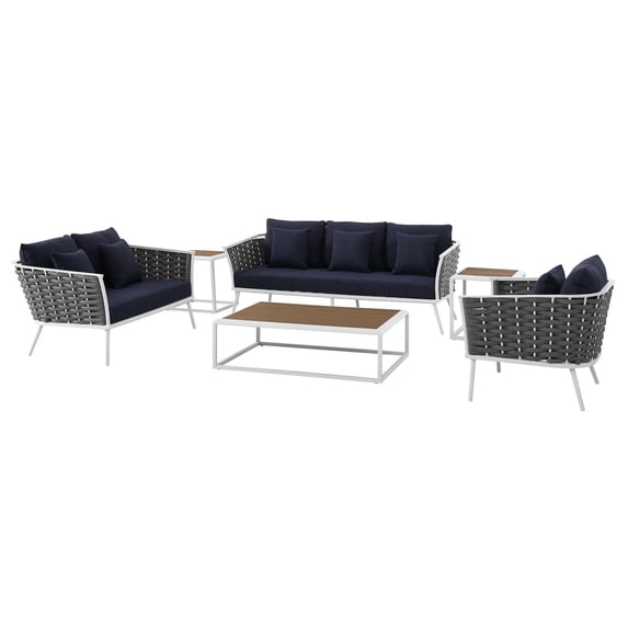 Modern Contemporary Urban Design Outdoor Patio Balcony Garden Furniture Lounge Chair, Sofa and Table Set, Fabric Aluminium, White Navy