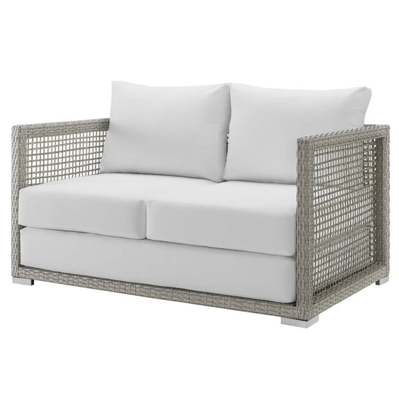 Modern Contemporary Urban Design Outdoor Patio Balcony Garden Furniture Lounge Loveseat Sofa, Rattan Wicker, Grey Gray White
