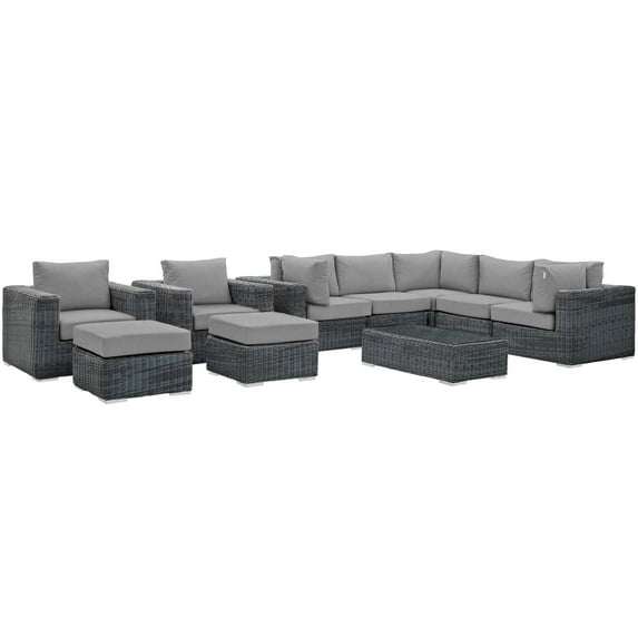 Modern Contemporary Urban Design Outdoor Patio Balcony Garden Furniture Lounge Sectional Sofa Set, Sunbrella Rattan Wicker, Grey Gray