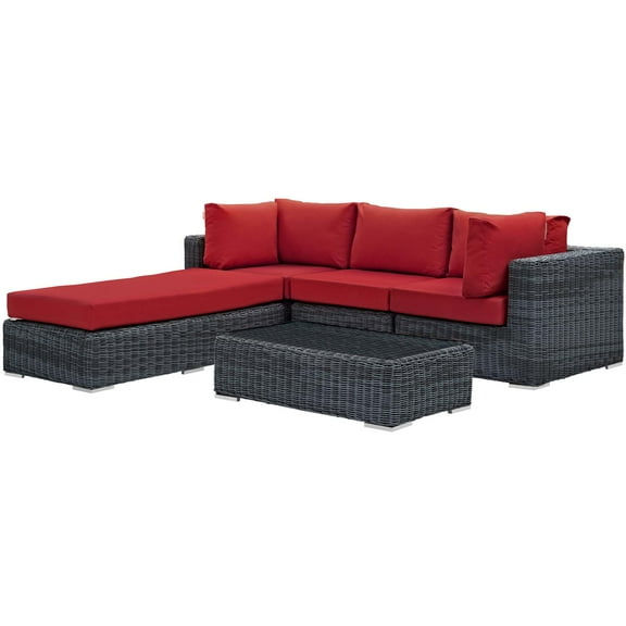 Modern Contemporary Urban Design Outdoor Patio Balcony Garden Furniture Lounge Sectional Sofa Set, Sunbrella Rattan Wicker, Grey Red