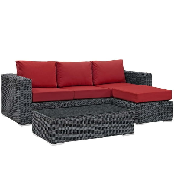 Modern Contemporary Urban Design Outdoor Patio Balcony Garden Furniture Lounge Sectional Sofa Set, Sunbrella Rattan Wicker, Grey Red